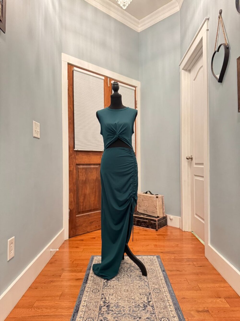 Halara Cut Out Ruched Drawstring Bodycon Maxi Dress Green Size M - Picture 11 of 13